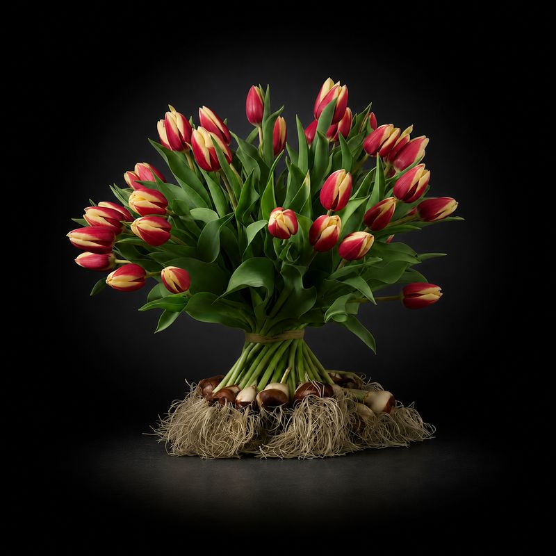Rood / Witte tulpen met bol boeket