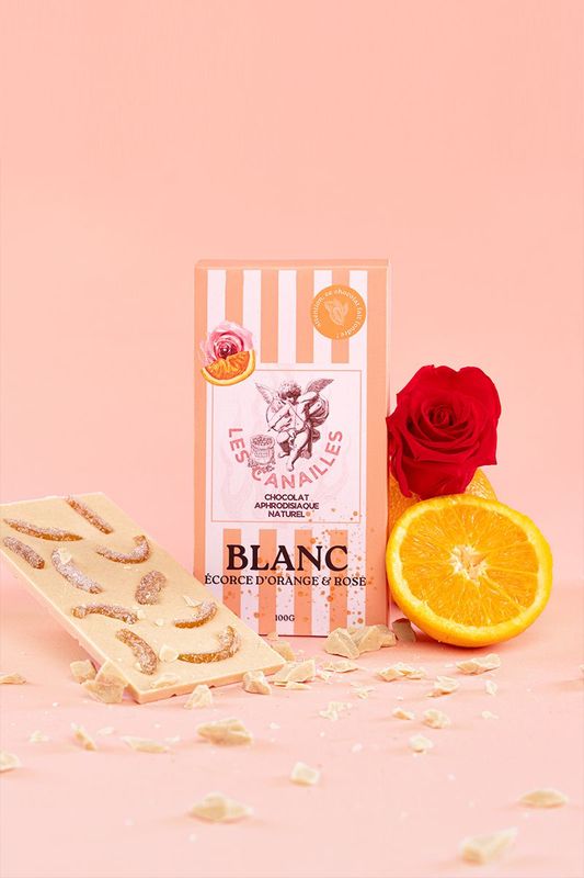 Chocolat Aphrodisiaque Blanc - Écorce d’Orange & Rose – 100g