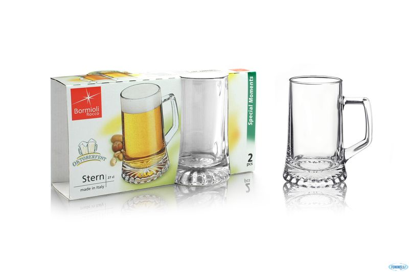 Set 2 bicchieri / peker birra Stern con manico in vetro Bormioli, Capacita' / Diametro / Altezza: cl.28,7 - cm.7 - h.cm.12,5