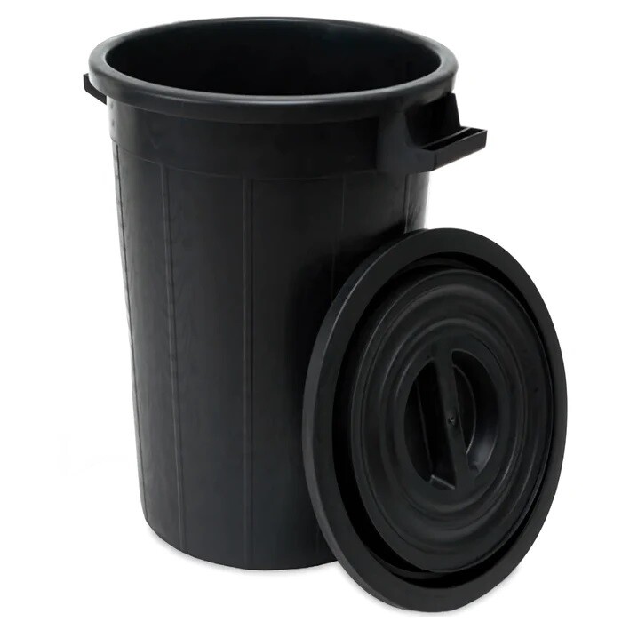Bidone industriale / pattumiera / porta rifiuti tondo nero con coperchio SSS