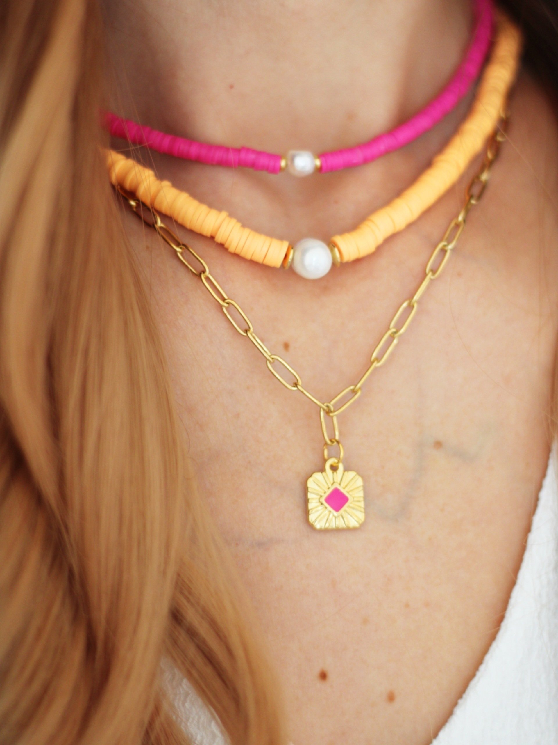 Halskette LULU Chocker Süßwasser Perle Orange neon - Bunter Schmuck