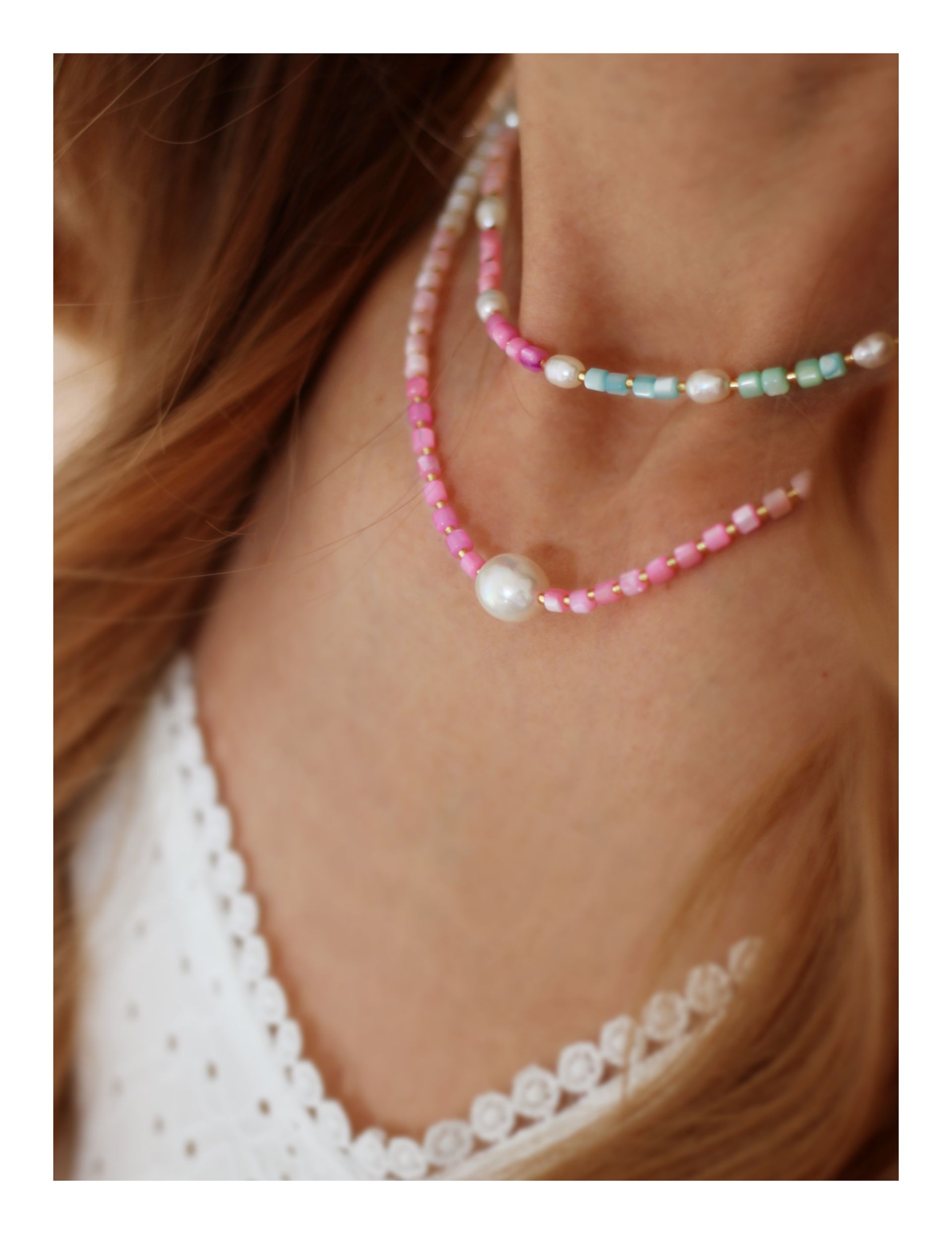 Halskette LENI Perlmutt PINK Süsswasserperle - Bunter Schmuck