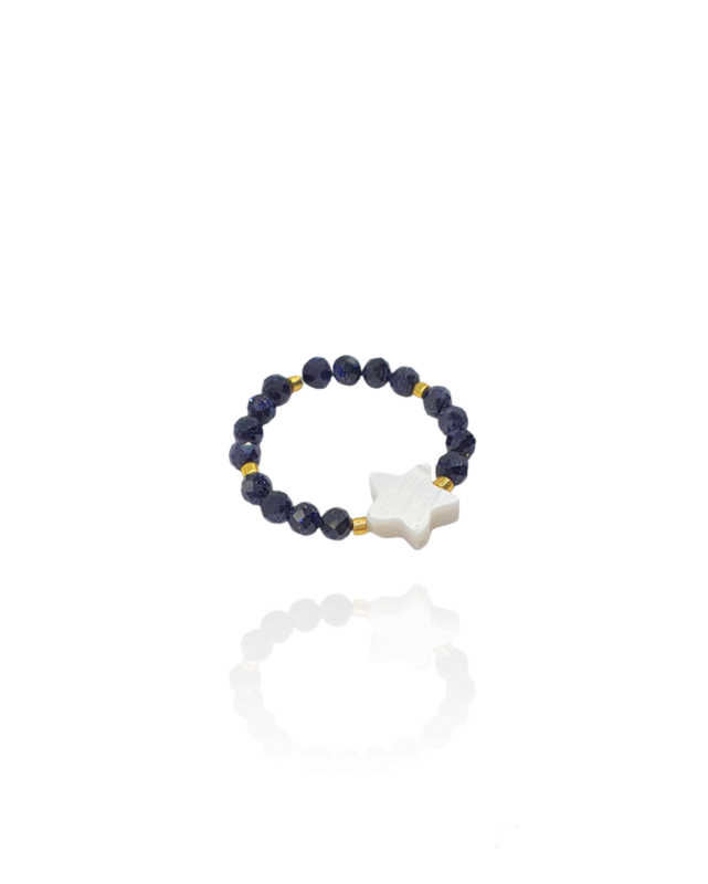 Blauer Goldstein Ring elastisch Perlmutt Stern Gold - Bunter Schmuck