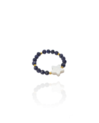 Blauer Goldstein Ring elastisch Perlmutt Stern Gold - Bunter Schmuck
