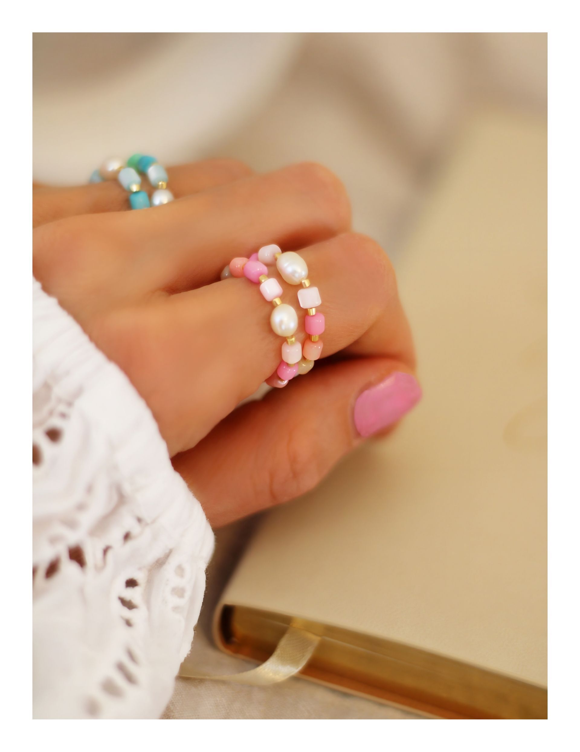 Perlmutt Ring elastisch pink rosa gold - Bunter Schmuck