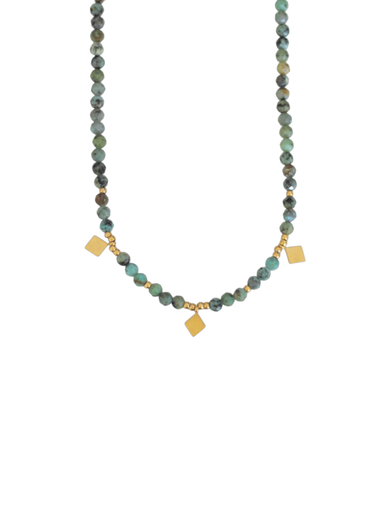 Grüne Halskette aus Afrikanischem Türkis mit goldenen Akzenten im Boho-Chic. Elegant & trendy. Das perfekte Geschenk