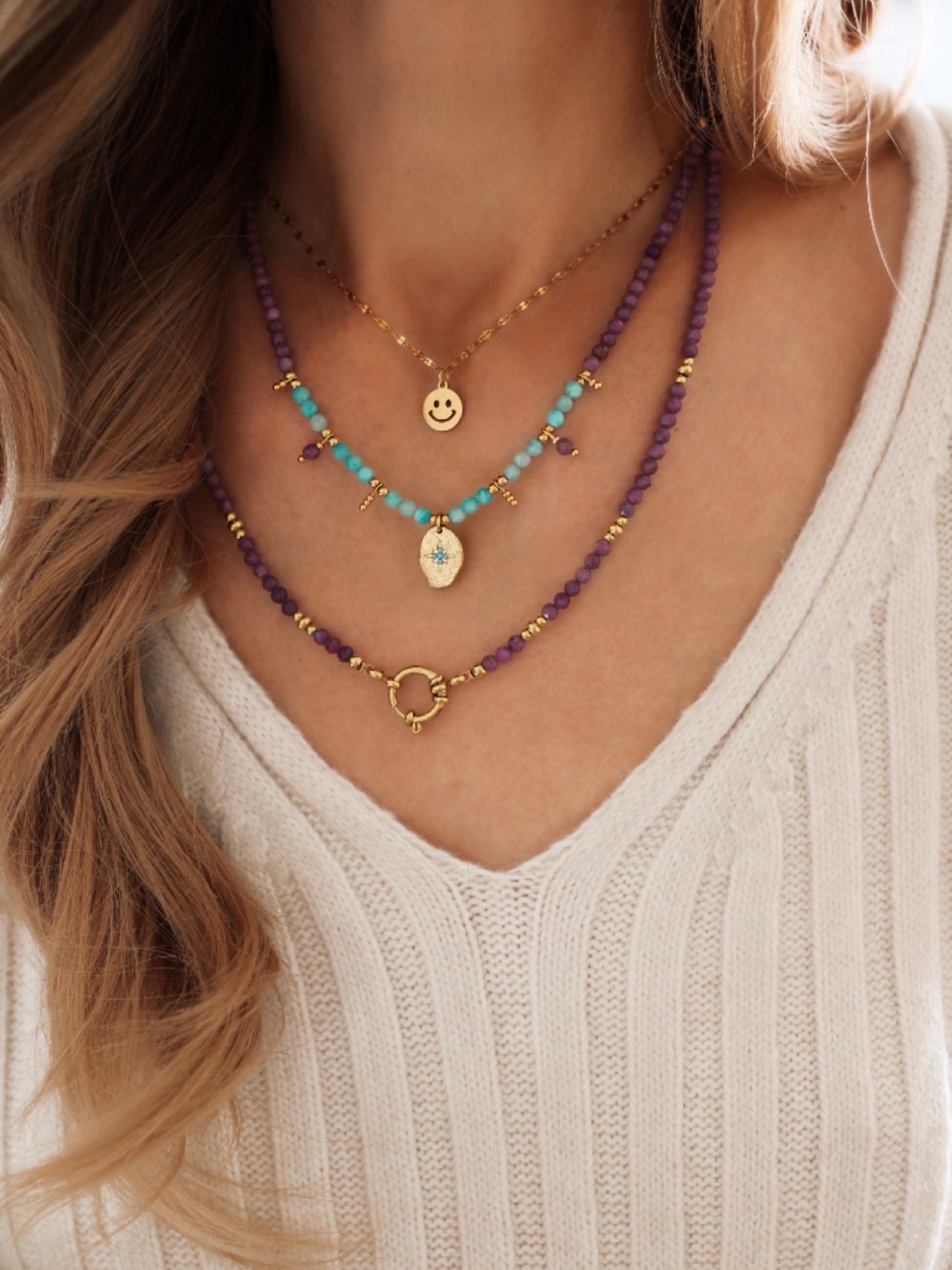 Lepidolith Halskette MIRA Edelstahl Gold - Bunter Schmuck