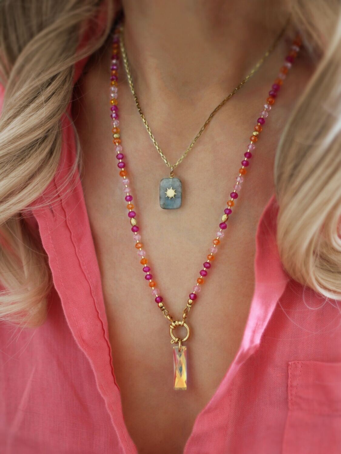 Bunte lange Boho-Halskette JIETTE 55cm Pink Orange Gold - Bunter Schmuck