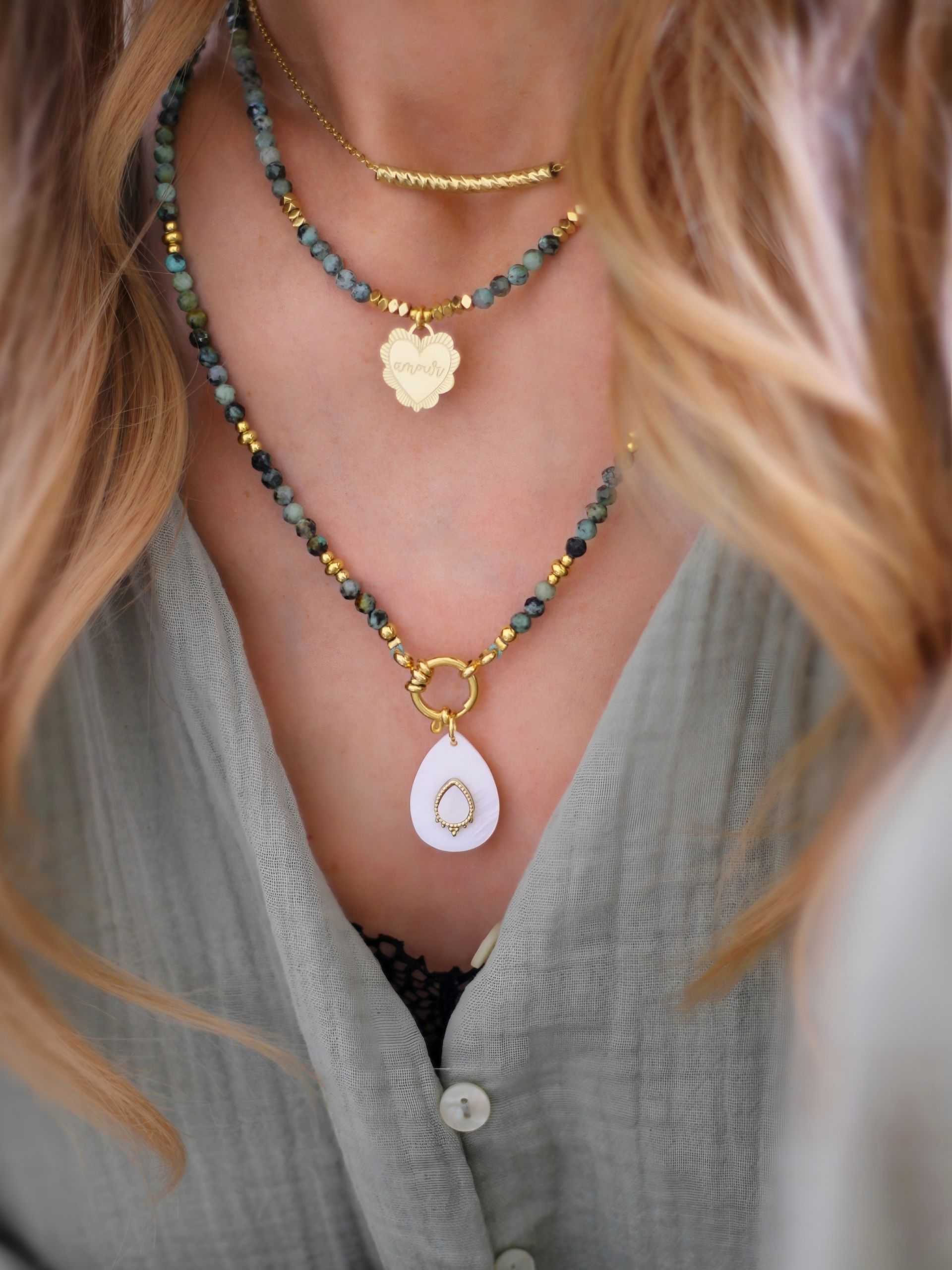 SAMIRA Halskette afrikanischer Türkis AMOUR Anhänger Gold- Bunter Schmuck