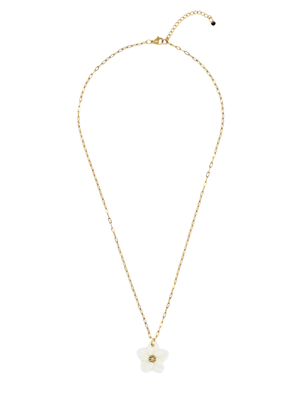 MAHINA – Lange Gliederkette mit Perlmutt-Plumeria-Anhänger – Damen Halskette in Boho-Stil