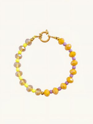 Handgemachtes Perlenarmband in Color-Blocking-Optik mit orange, flieder & neongelben Glasperlen, kombiniert mit Gold & Silber