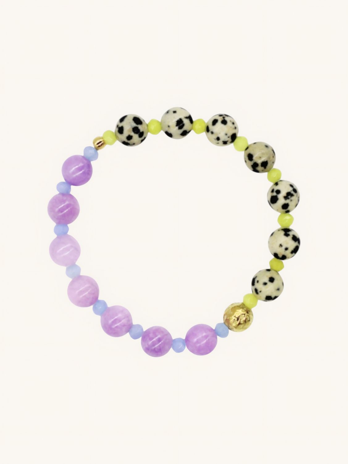 NOA Armband mit Dalmatiner-Jaspis & gefärbter Jade in Lila, Blau & Grün – Color-Blocking Damenarmband handgemacht 