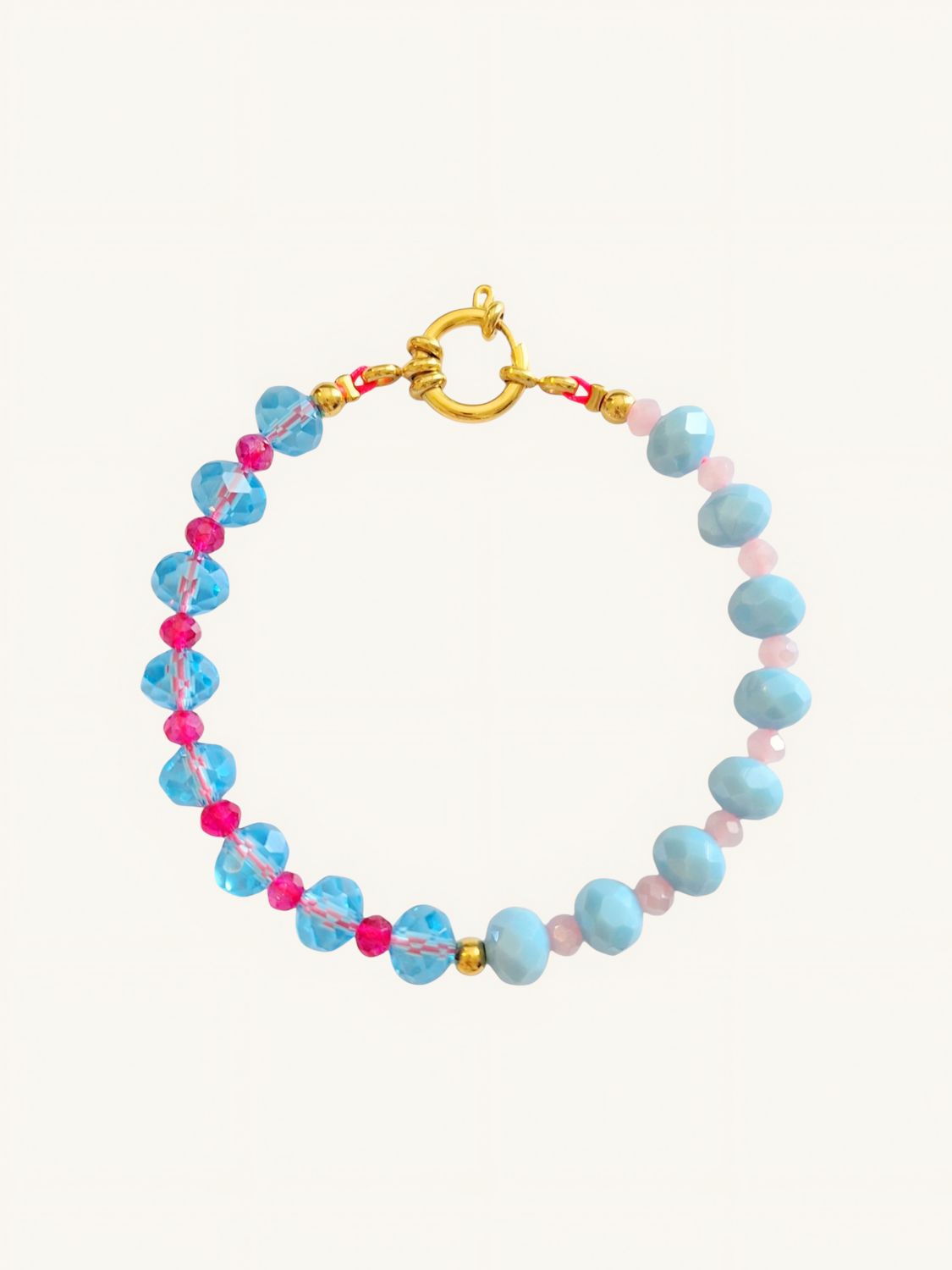 Handgemachtes Perlenarmband in Color-Blocking-Optik mit hellblau, Pink & rosa Glasperlen, kombiniert mit Gold oder Silber