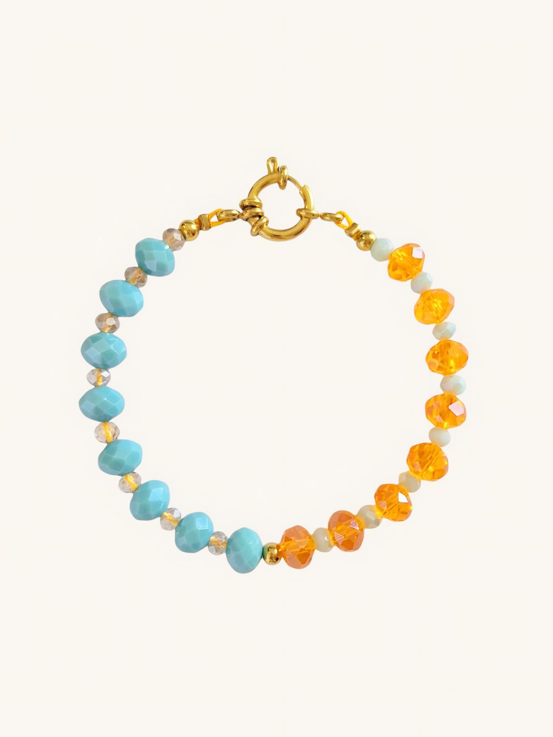Handgemachtes Perlenarmband in Color-Blocking-Optik mit türkis & orange Glasperlen, kombiniert mit Gold oder Silber