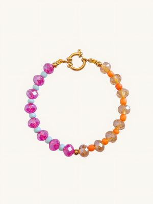 Handgemachtes Perlenarmband in Color-Blocking-Optik mit pink, hellblau, beige & orange Glasperlen, kombiniert mit Gold