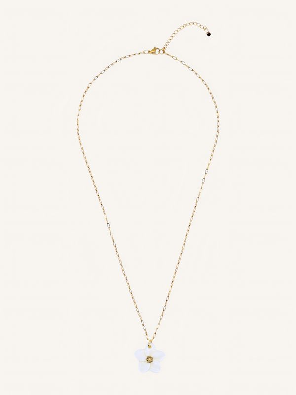MAHINA – Lange Gliederkette mit Perlmutt-Plumeria-Anhänger – Damen Halskette in Boho-Stil