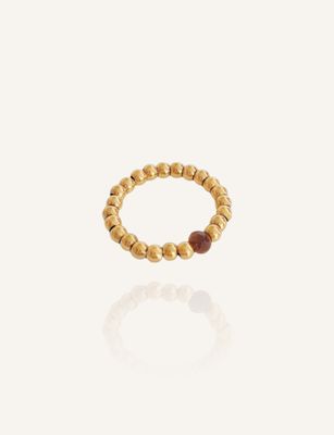 Elastischer Ring aus goldenen Edelstahlperlen & einem brauen Tigerauge-Edelstein. Hübsches Accessoire & kleine Geschenkidee