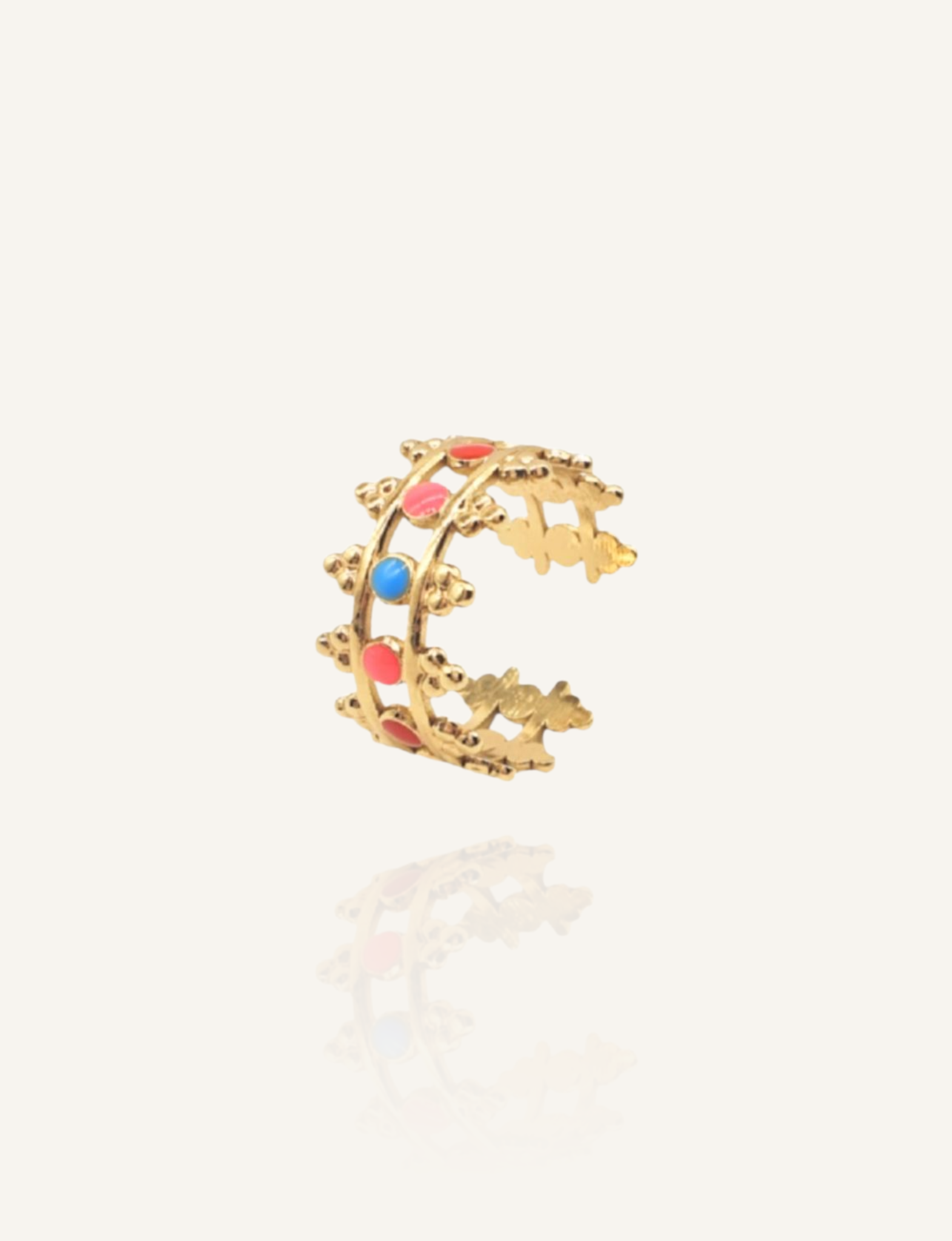 Ornament verzierter, goldener Edelstahlring DALA mit mehrfarbigen Akzenten zweireihig  - Bunter Schmuck