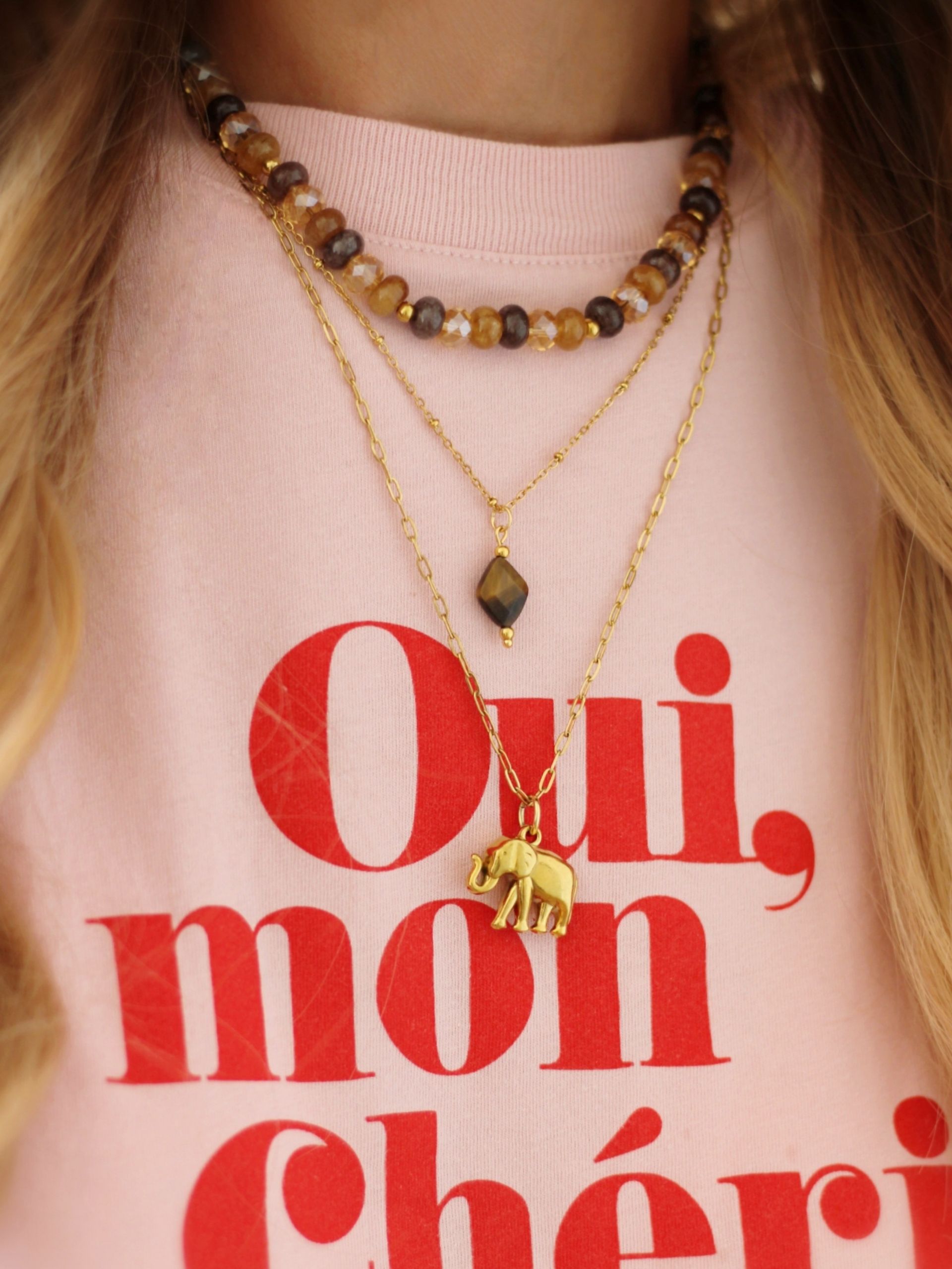 Handgefertigte Halskette SIENNA aus Quarz & facettierten Glasperlen in Bernstein- & Carameltönen, vergoldeter Edelstahl