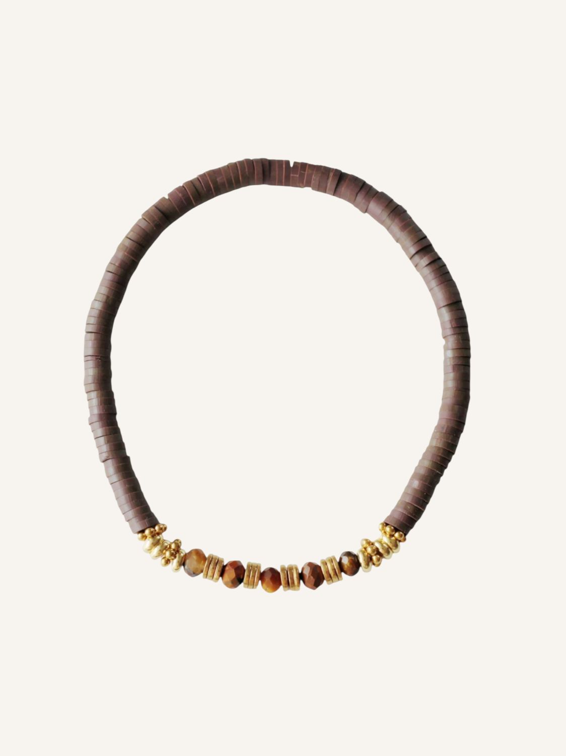 Handgefertigtes Armband TIGRA aus braunen Katsuki-Heishi, facettiertem Tigerauge & vergoldetem Edelstahl - Boho Statement