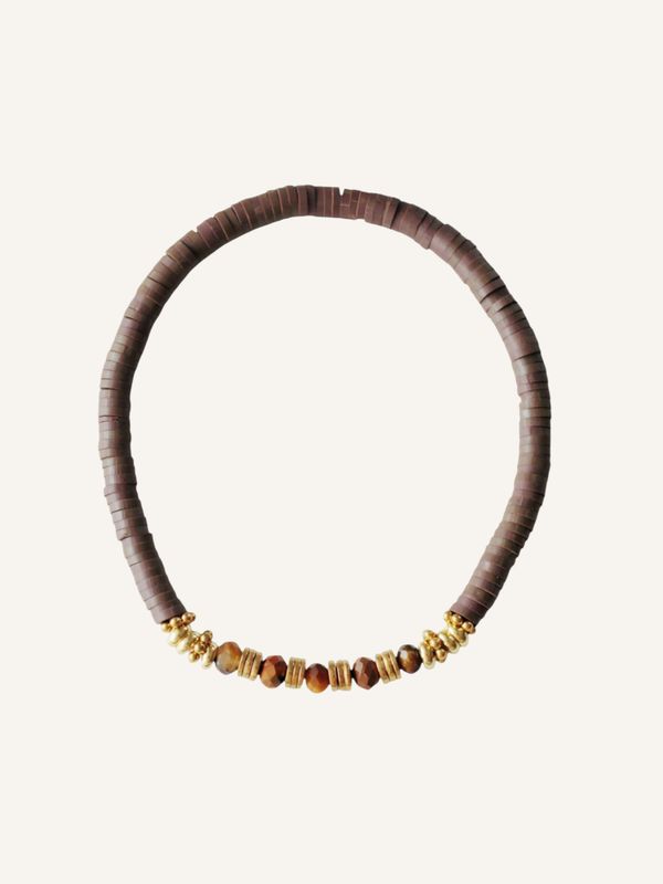 Handgefertigtes Armband TIGRA aus braunen Katsuki-Heishi, facettiertem Tigerauge & vergoldetem Edelstahl - Boho Statement