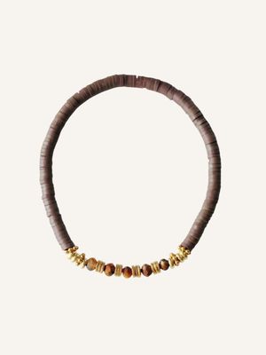 Handgefertigtes Armband TIGRA aus braunen Katsuki-Heishi, facettiertem Tigerauge & vergoldetem Edelstahl - Boho Statement