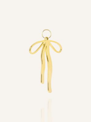 Ein goldener Anhänger in Form einer Schleife, die flexibel an Halsketen oder Ohrringe gehängt werden kann. Bunter Schmuck