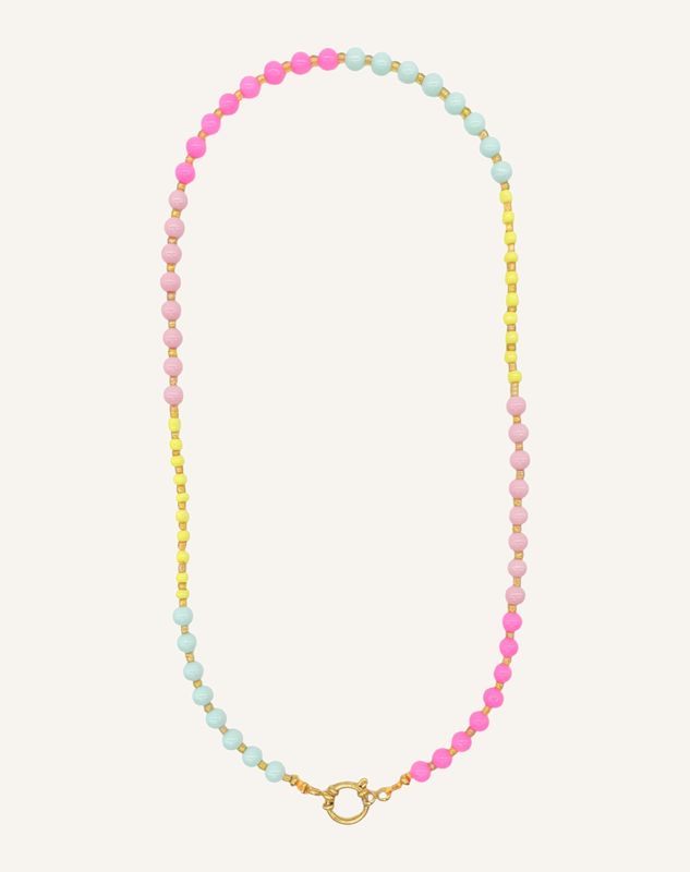 Bunte lange Halskette im IBIZA BOHO Stil in Neon Gelb, Pink, Rosa, Hellblau und Gold, personalisierbar mit versch Anhängern