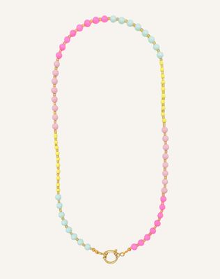 Bunte lange Halskette im IBIZA BOHO Stil in Neon Gelb, Pink, Rosa, Hellblau und Gold, personalisierbar mit versch Anhängern