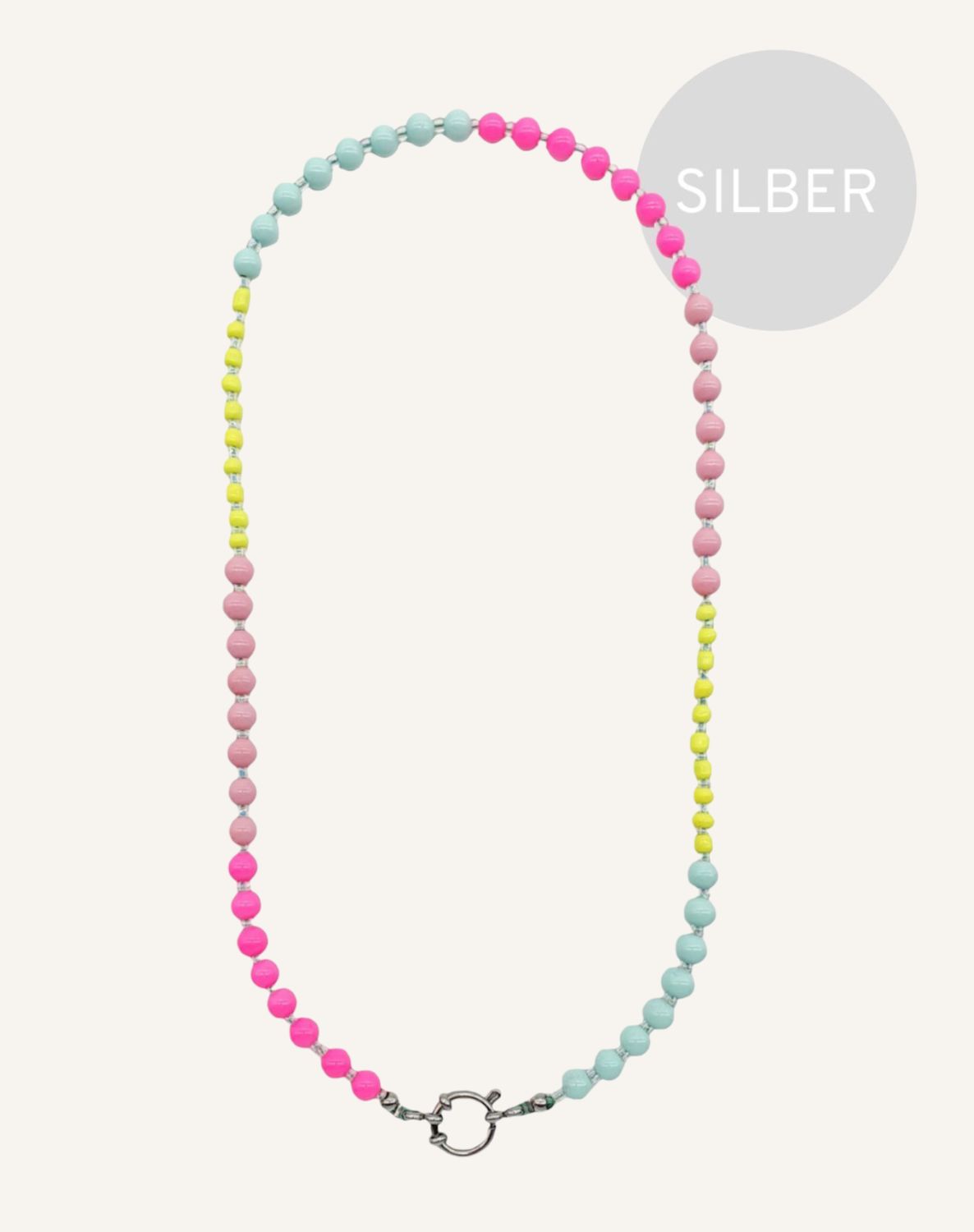 Bunte lange Halskette im IBIZA BOHO Stil in Neon Gelb, Pink, Rosa, Hellblau und Silber, personalisierbar mit versch Anhängern