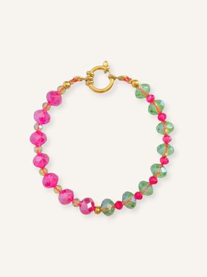 Handgemachtes Armband in Color-Blocking-Look mit pinken & grünen facettierten Glasperlen. Ein funkelndes Schmuck-Statement 
