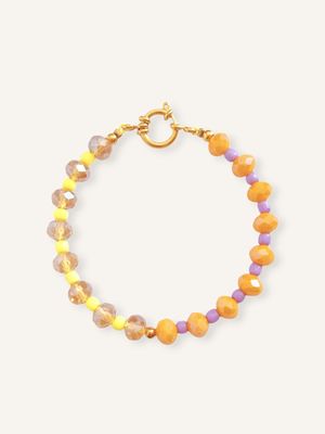 Handgemachtes Perlenarmband in Color-Blocking-Optik mit orange, flieder & neongelben Glasperlen, kombiniert mit Gold & Silber