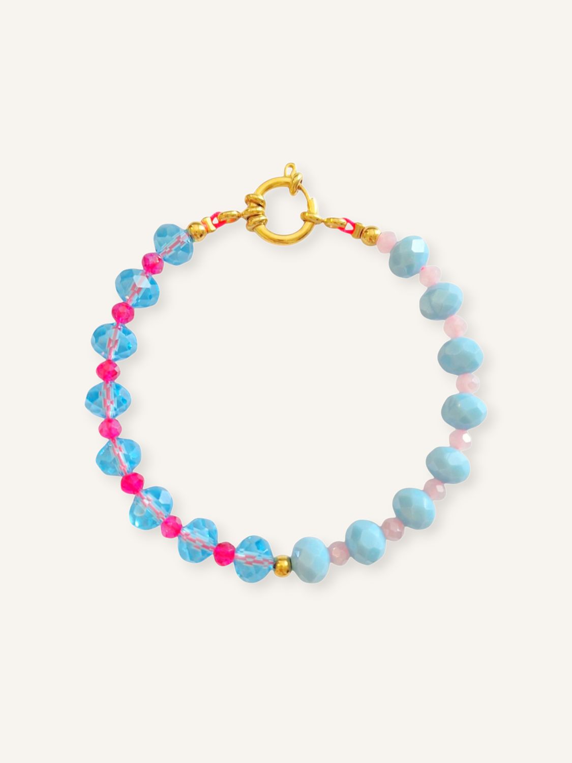 Handgemachtes Perlenarmband in Color-Blocking-Optik mit hellblau, Pink & rosa Glasperlen, kombiniert mit Gold oder Silber
