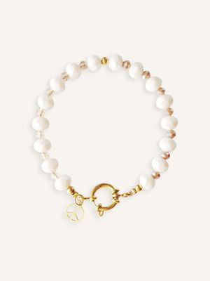 Extravagantes Armband aus facettierten Perlen Weiß, Taupe beige, einem großen Verschluss und einem PEACE-Zeichen Eyecatcher