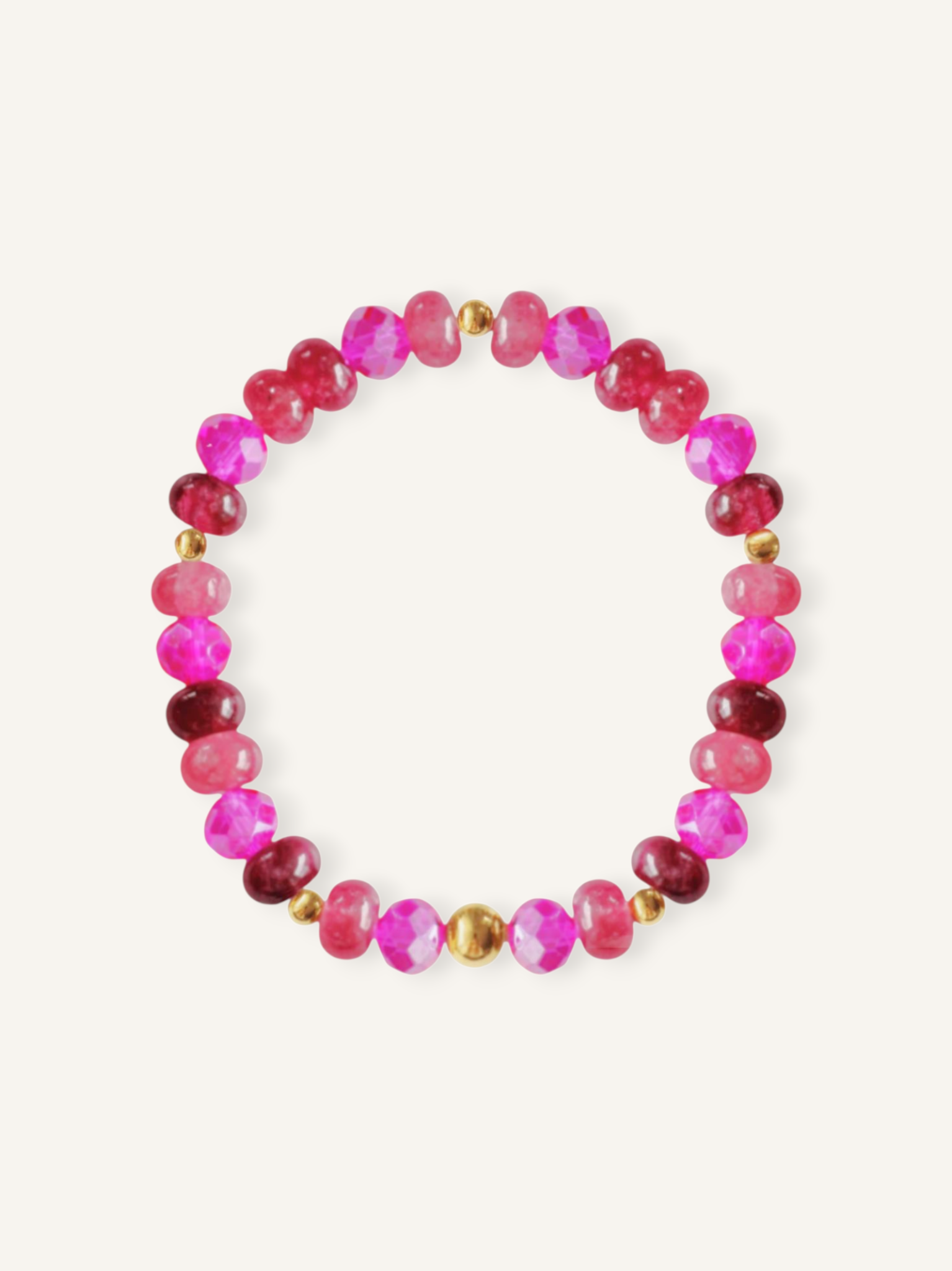 Hübsche Armbänder aus facettiertem Quarz & Glasperlen in Pink- und Beerentönen und goldenem Edelstahl. Trendschmuck 2025.