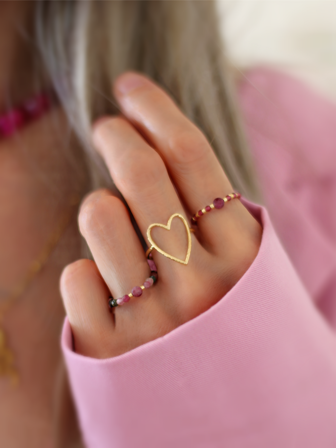 Jade Turmalin Ring elastisch pink gold - Bunter Schmuck