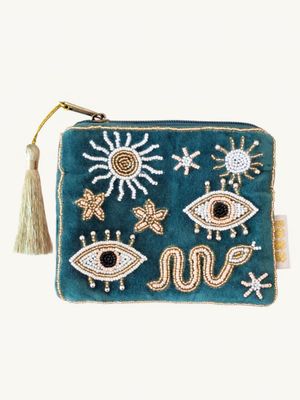 MYSTIC BOHO Handgefertigte Samt-Kosmetiktasche mit mit Eye-Design, Sonne & Schlange Bohemain Mystic Pouch - Bunter Schmuck Petrolfarbene Samt-Kosmetiktasche mit perlenbestickten Augen, Sonnen, Sternen und Schlange sowie Troddel am Reißverschluss.