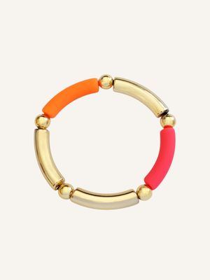 VIVI GLOW Neon-Acryl Armband mit goldenen Details - Bunter Schmuck Handgefertigtes Armband aus Acryl Tubes in Orange, Pink, Gold mit goldenen Perlen – modernes, farbenfrohes Design