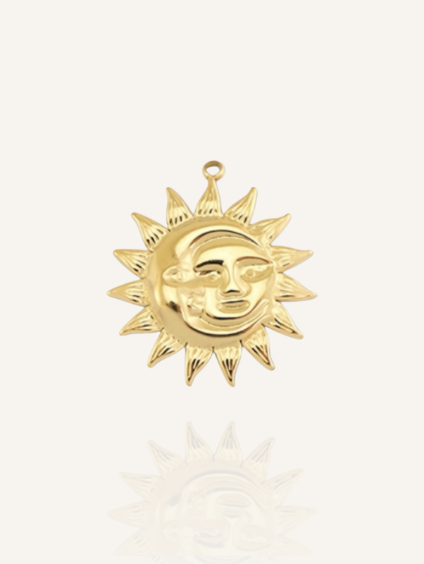 Sonne Mond Anhänger Gold - Bunter Schmuck Ein goldener Anhänger mit Sonne und Mond - ein Glücksbringer für innere Harmonie, Schutz und persönliche Entwicklung.