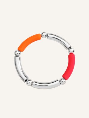 Handgefertigtes Armband aus Acryl Tubes in Orange, Pink, Silber mit silbernen Perlen – modernes, farbenfrohes Design