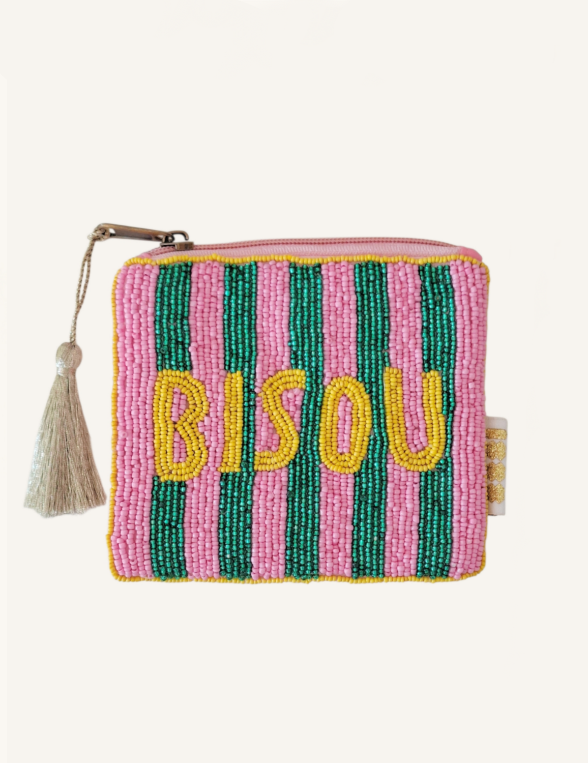 Pink und Grün gestreifte Kosmetik-Tasche aus Viskose mit gelber BISOU Perlenstickerei & Reißverschluss 