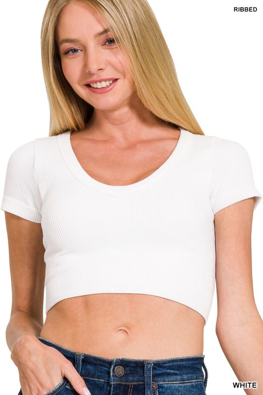 LB Crop V Neck White Small