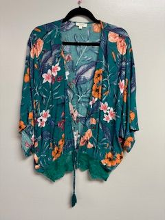 LB Oversized Ruana Floral Teal Small