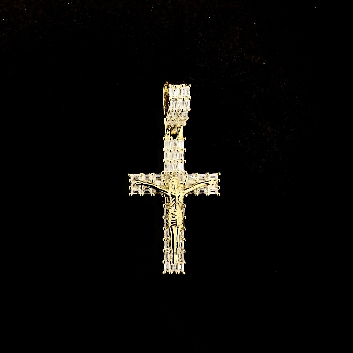 Cruz Baguette con Jesús en Plata 925 con Baño de Oro 14k, Tamaño: Pequeño
