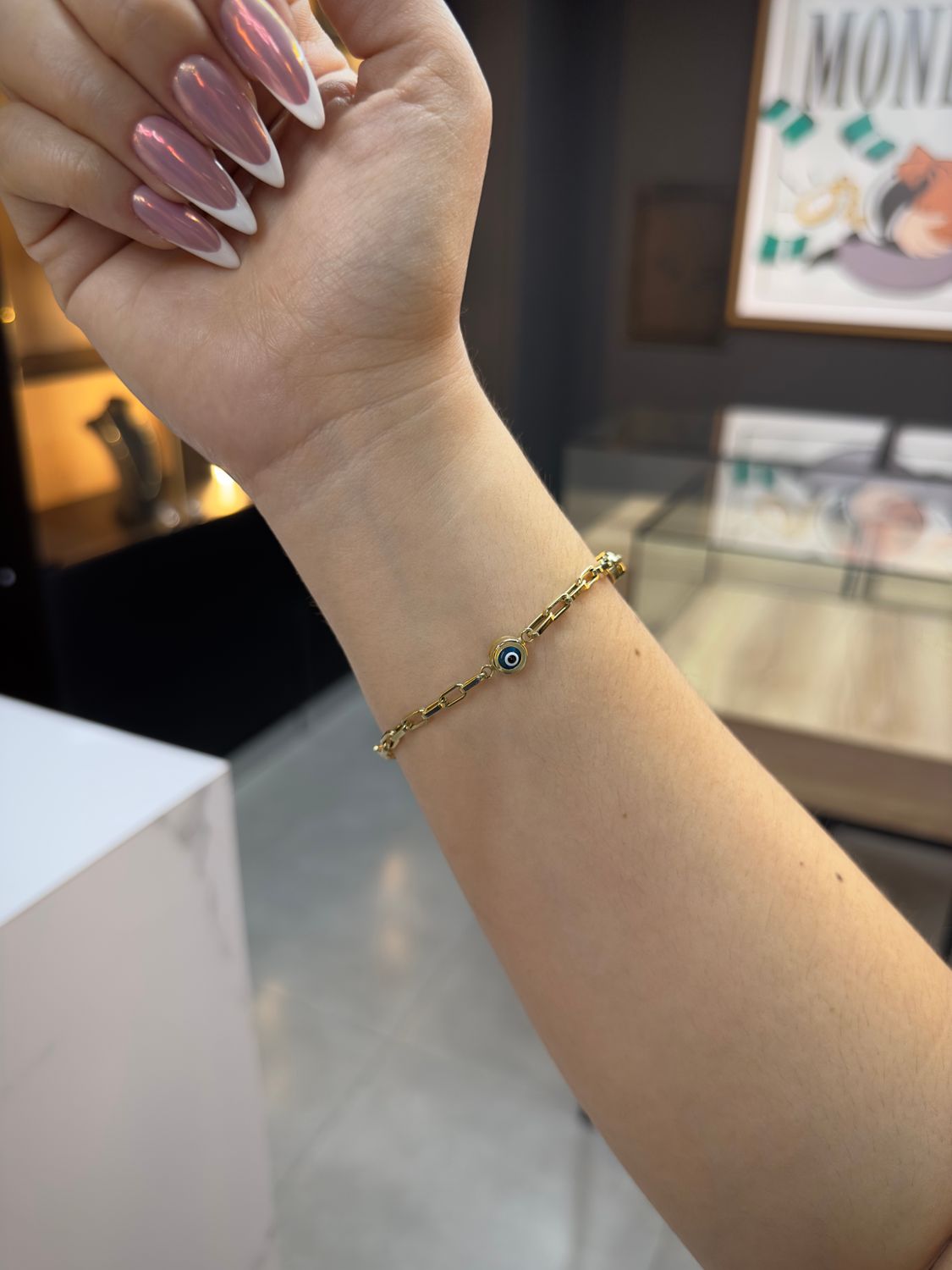 Pulsera Clip Con Ojo Turco Oro italiano 10k