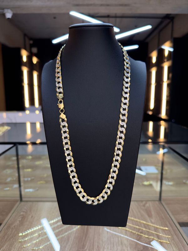 Cadena Cubana Martillada Doble Tono en Plata 925 con Baño de Oro – 10mm / 61cm
