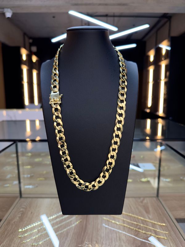 Cadena Cubana Sólida de Plata 925 con Baño de Oro 14k – 13mm / 61cm