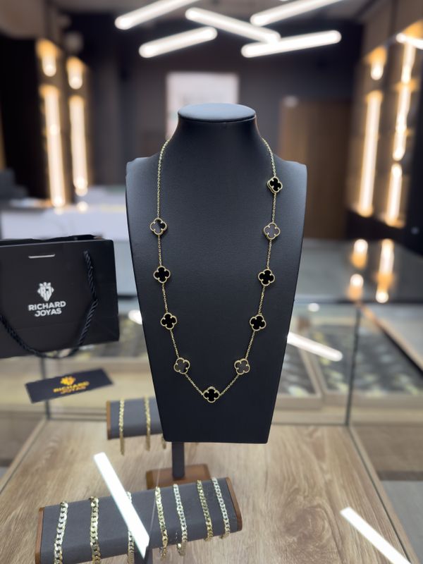 Cadena Trébol Negro Estilo Van Cleef en Oro 10k – 14mm / 60cm