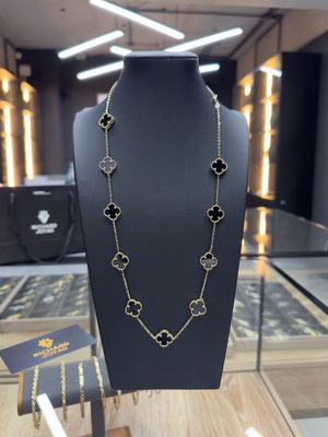 Cadena Trébol Negro Estilo Van Cleef en Oro 10k – 14mm / 60cm