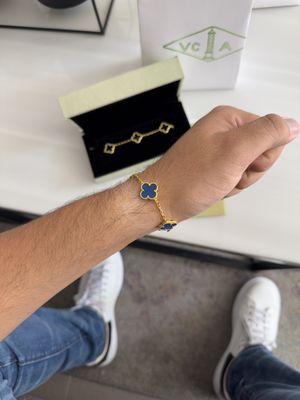 Pulsera Van Cleef Trébol Azul en Plata 925 con Baño de Oro 18k – 15mm